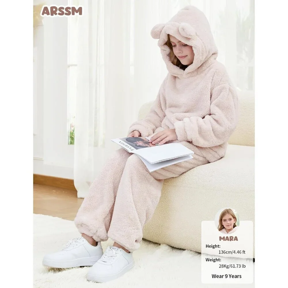 Girl Pants Sets Two Pieces Outfit Kids Bear Ear Fuzzy Fluffy Hoodie Sweatshirt w